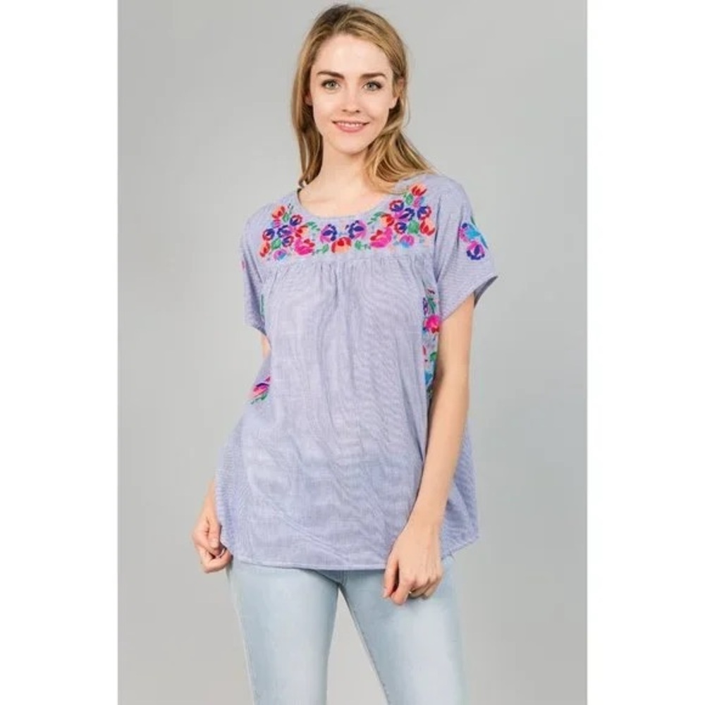 Embroidery Floral Boxy Blouse with Short Sleeves Grey Stripe Cinco De Mayo